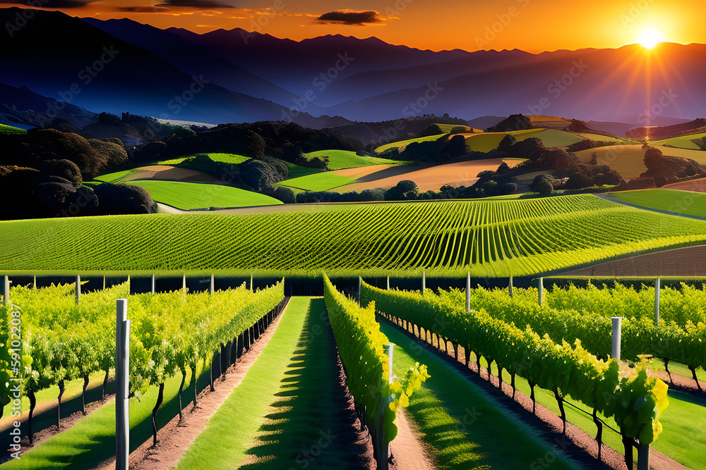 sunset over New Zealand vineyard with copy space above