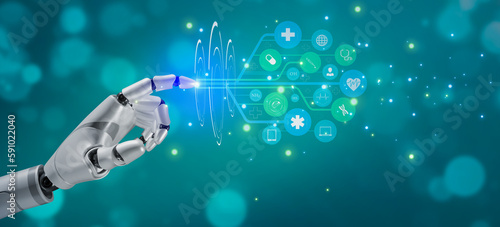3D rendering of robot hand touching digital hologram modern virtual screen interface icons, Medical technology and futuristic medical technology network concept.