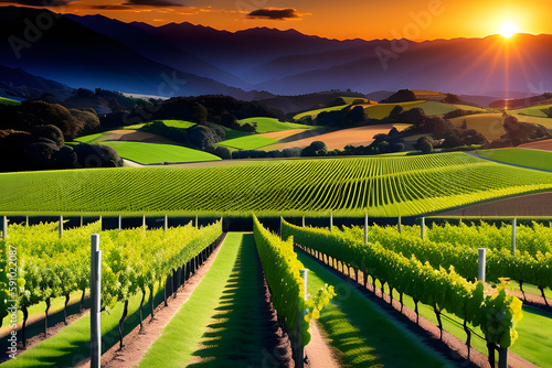 sunset over New Zealand vineyard with copy space above