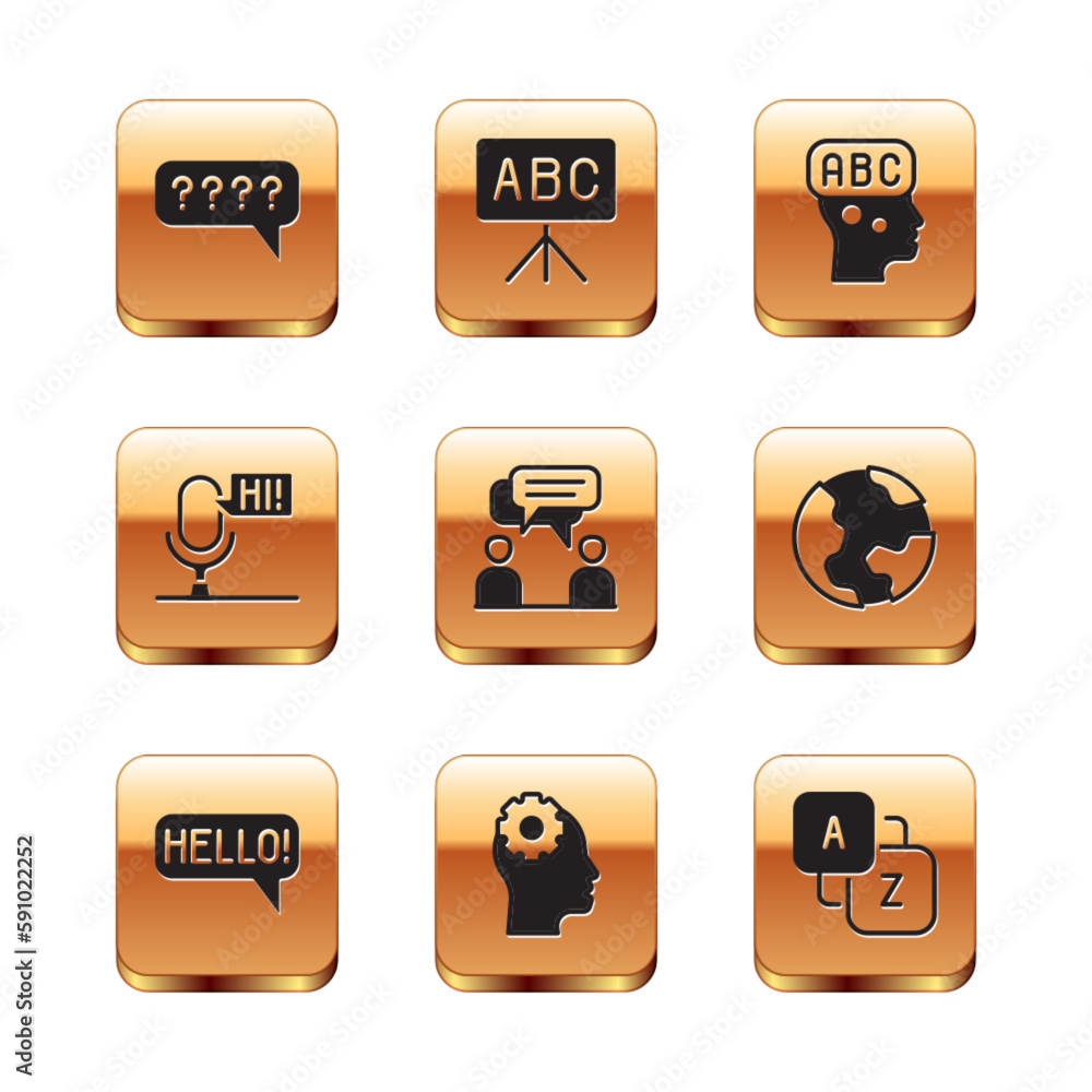 Set Speech bubbles with Question, Hello in different languages, Head gear inside, Two sitting men talking, Microphone voice device, Learning foreign, Vocabulary and Chalkboard icon. Vector Set Speech bubbles with Question, Hello in different languages, Head gear inside, Two sitting men talking, Microphone voice device, Learning foreign, Vocabulary and Chalkboard icon. Vector
