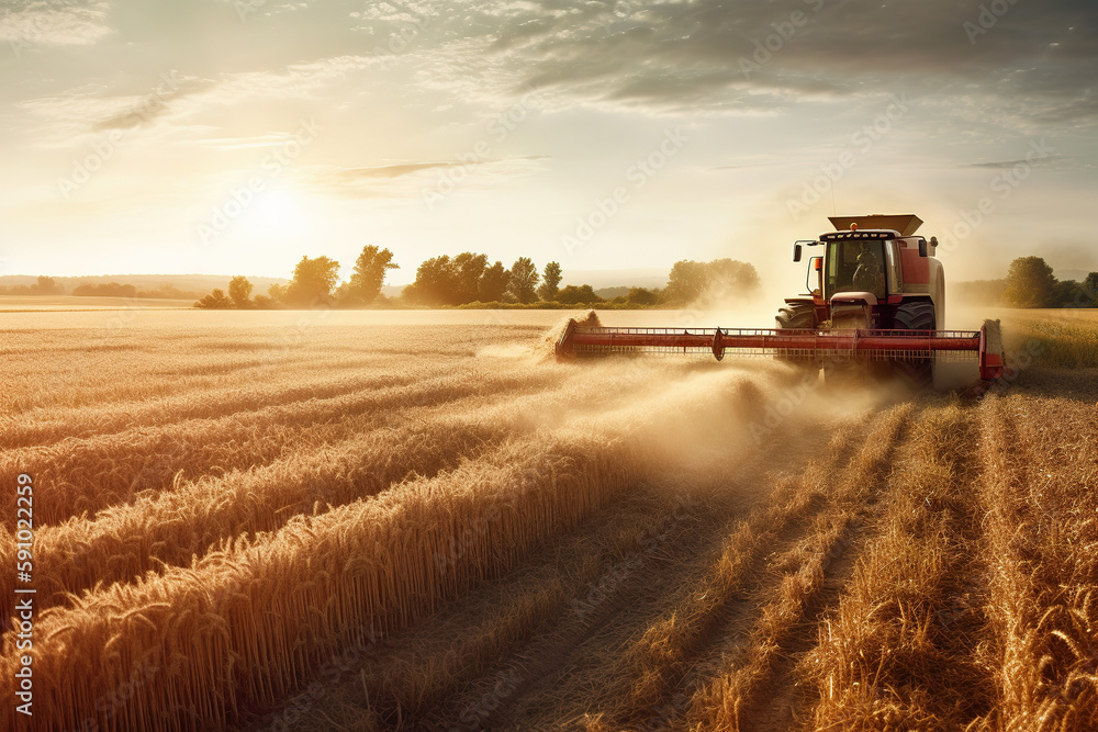 Fototapeta premium Farm themed image, showcasing a tractor collecting wheat in the field. Generative AI