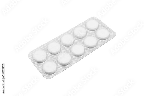 Macro shot pile of tablets pill in silver blister packaging isolated on white background. Aluminium foil blister pack. Pharmacy products. Medicine pills and drugs close up. Pills background.
