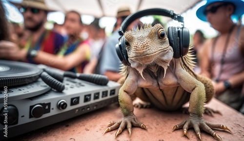 Photographie Illustration of funny Iguana dj near turntable on music beach outdoor party
