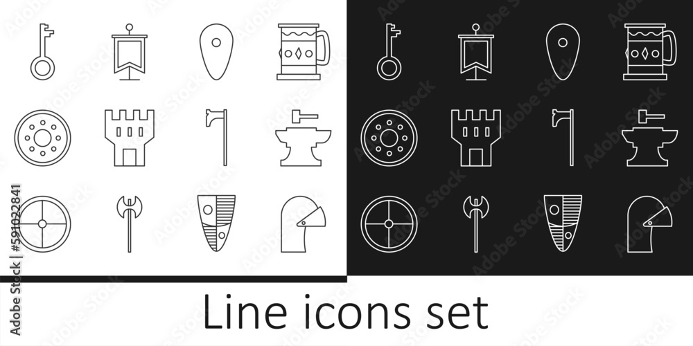 Set line Medieval iron helmet, Anvil for blacksmithing hammer, Shield, Castle tower, Round wooden shield, Old key, axe and flag icon. Vector Set line Medieval iron helmet, Anvil for blacksmithing hammer, Shield, Castle tower, Round wooden shield, Old key, axe and flag icon. Vector