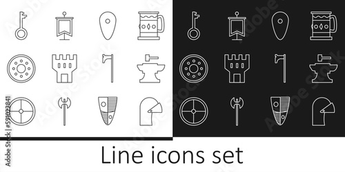 Set line Medieval iron helmet, Anvil for blacksmithing hammer, Shield, Castle tower, Round wooden shield, Old key, axe and flag icon. Vector