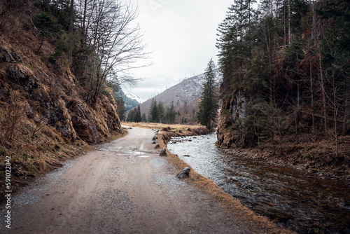 Mountain valley in cloudy weather. .Gravel road next to a mountain river. Melt in early spring. Koscieliska Valley, Tatra Mountains, Poland