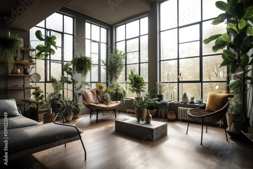 stylish living room with indoor plants  glass windows and natural light  created with generative ai