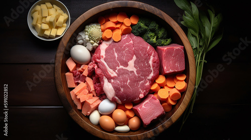 Dog bowl filled with chunks of raw beef surrounded by an egg, large bone and assorted vegetables for a healthy balanced animal diet. Generative AI technology
