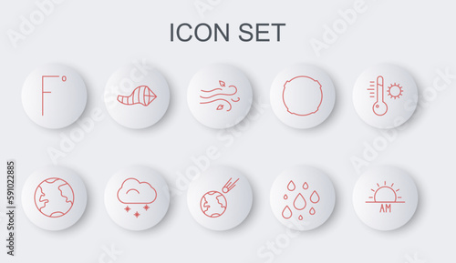 Set line Sunrise, Earth globe, Wind, Water drop, Fahrenheit, Cone meteorology windsock wind vane, Cloud with snow and Comet falling down fast icon. Vector