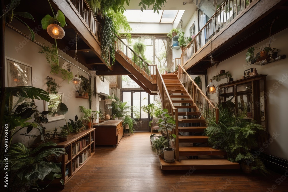 Fototapeta premium high-ceilinged space with lush plants and greenery, created with generative ai