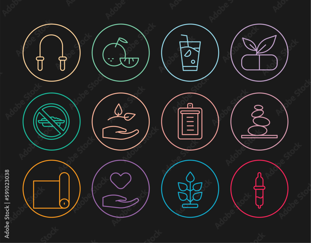 Set line Pipette, Stack hot stones, Fresh smoothie, Leaf in hand, Food no diet, Jump rope, Clipboard with checklist and Citrus fruit icon. Vector Set line Pipette, Stack hot stones, Fresh smoothie, Leaf in hand, Food no diet, Jump rope, Clipboard with checklist and Citrus fruit icon. Vector