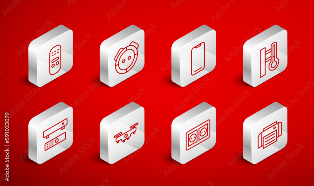 Set line Printer, Robot vacuum cleaner, Smartphone, Meteorology thermometer, Electrical outlet, Remote control, Drone flying and Multimedia and TV box icon. Vector Set line Printer, Robot vacuum cleaner, Smartphone, Meteorology thermometer, Electrical outlet, Remote control, Drone flying and Multimedia and TV box icon. Vector