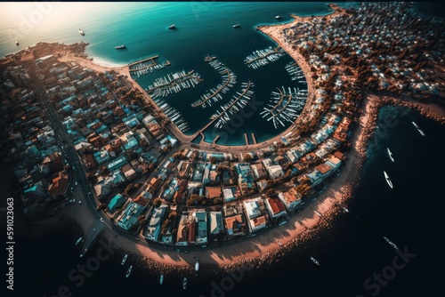 Bird's eye view of the city by the sea beautiful city by the sea. Thumbnail from the city by the sea. Generative AI
