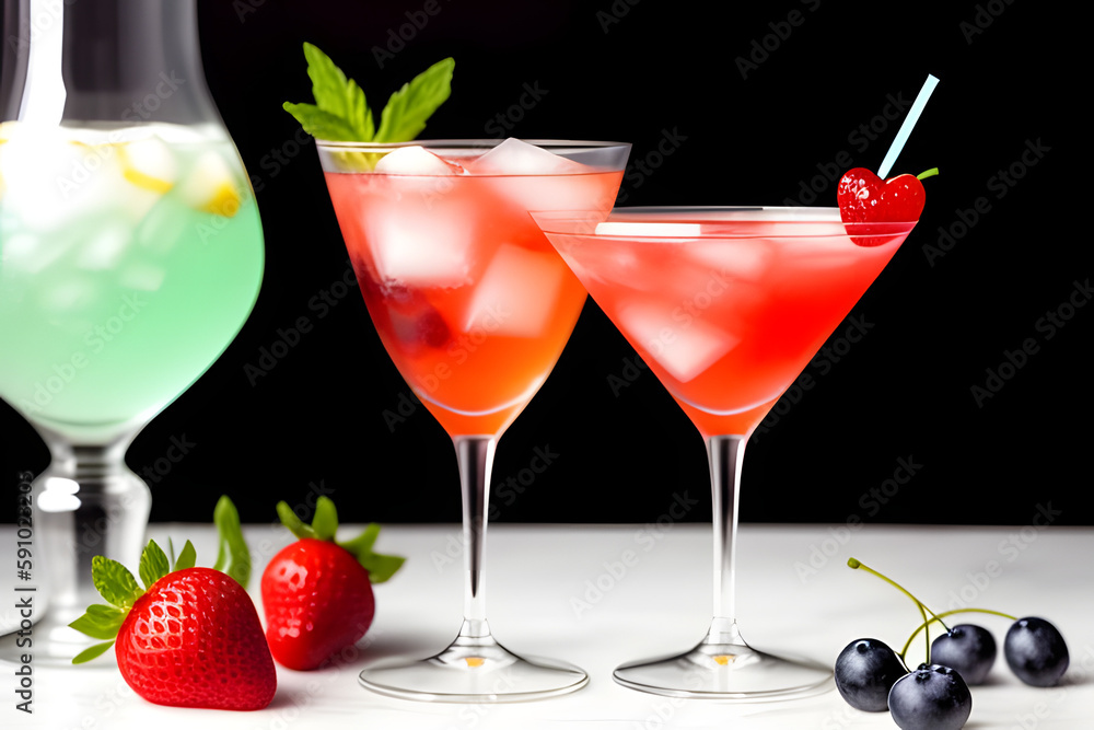 glass of refreshing cocktail with mint and berries and ice seen from below glass of refreshing cocktail with mint and berries and ice seen from below