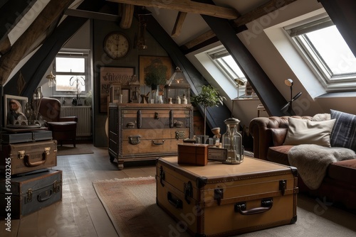 large attic room with industrial chic furniture and vintage accessories, created with generative ai © Natalia