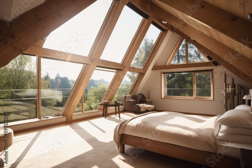 large attic room with floor-to-ceiling windows  providing breathtaking views of the outside world  created with generative ai