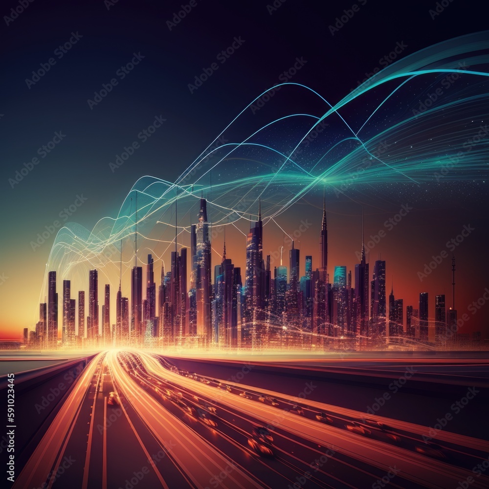 Future cities connected to big data.Concept Future city.Generative AI Future cities connected to big data.Concept Future city.Generative AI