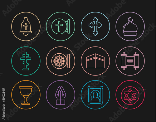 Set line Star of David, Decree, paper, parchment, scroll, Christian cross, Dharma wheel, Church bell, Kaaba mosque and icon. Vector
