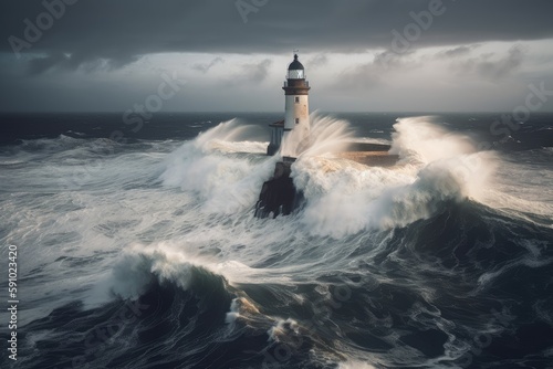 lighthouse, surrounded by stormy sea, with waves crashing against the shore, created with generative ai