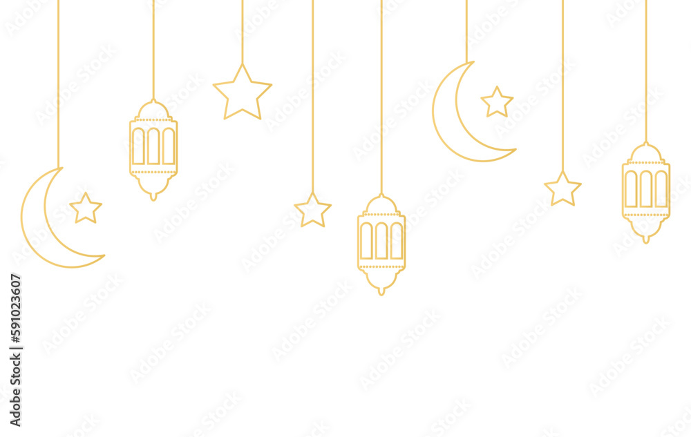 Ramadan Kareem frame with golden lantern, crescent, star, lamp. Greeting garland hanging gold bauble icons. Muslim festival banner. Arabian design element. Islam decoration. Vector illustration Ramadan Kareem frame with golden lantern, crescent, star, lamp. Greeting garland hanging gold bauble icons. Muslim festival banner. Arabian design element. Islam decoration. Vector illustration