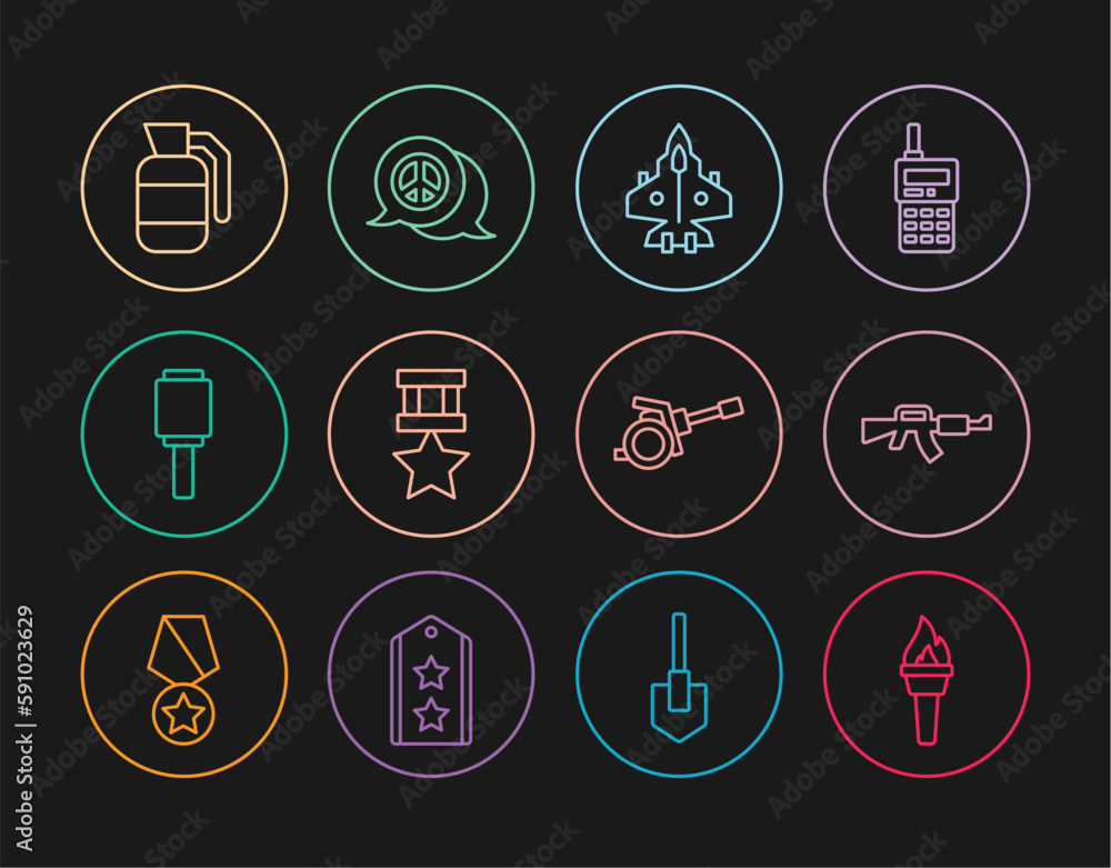 Set line Torch flame, M16A1 rifle, Jet fighter, Military reward medal, Anti-tank hand grenade, Hand, Howitzer and Peace icon. Vector Set line Torch flame, M16A1 rifle, Jet fighter, Military reward medal, Anti-tank hand grenade, Hand, Howitzer and Peace icon. Vector