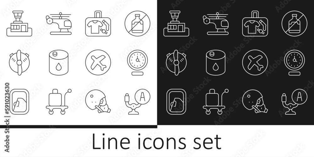 Set line Aircraft steering helm, Clock, Suitcase, Barrel oil, Plane propeller, Airport control tower, and Helicopter icon. Vector Set line Aircraft steering helm, Clock, Suitcase, Barrel oil, Plane propeller, Airport control tower, and Helicopter icon. Vector