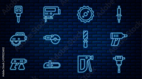 Set line Construction jackhammer, Electric cordless screwdriver, Circular saw blade, Angle grinder, circular, Rasp metal file and jigsaw icon. Vector