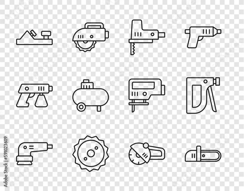 Set line Electric sander, Chainsaw, jigsaw, Circular blade, Wood plane tool, Air compressor, Angle grinder and Construction stapler icon. Vector