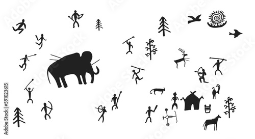 Cave painting prehistoric rock art hand drawn sketch style vector illustration set. Rock age cave paintings set with prehistoric wild animals, tribal people and village buildings.