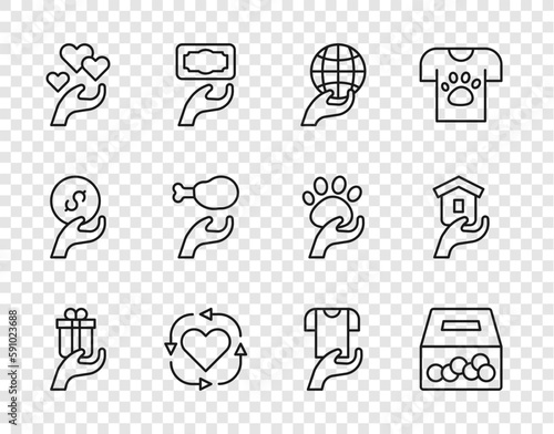 Set line Give gift, Donation and charity, Hand holding Earth globe, Volunteer, Heart hand, food, Clothes donation and Shelter for homeless icon. Vector