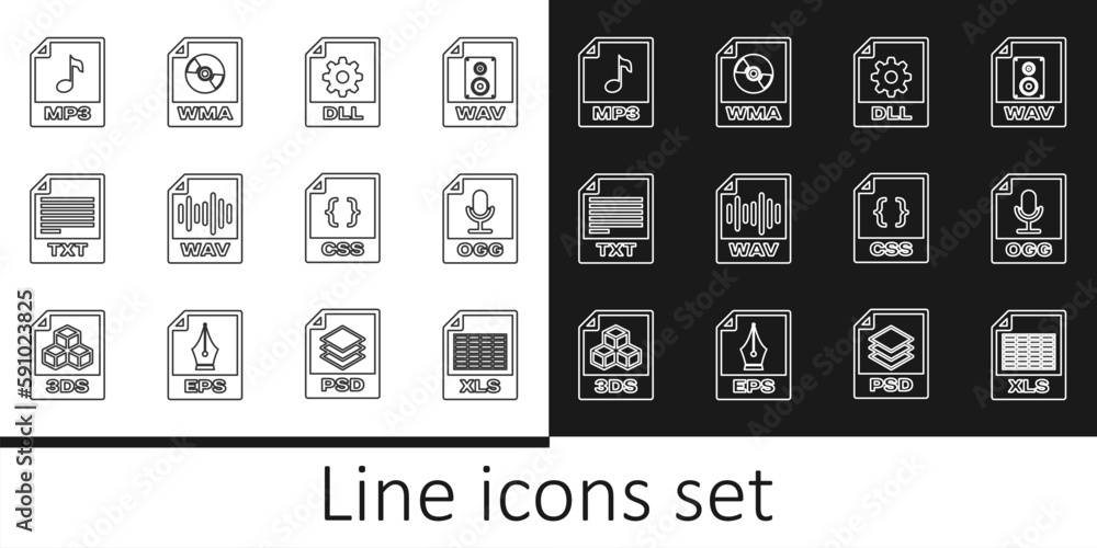 Set line XLS file document, OGG, DLL, WAV, TXT, MP3, CSS and WMA icon. Vector Set line XLS file document, OGG, DLL, WAV, TXT, MP3, CSS and WMA icon. Vector