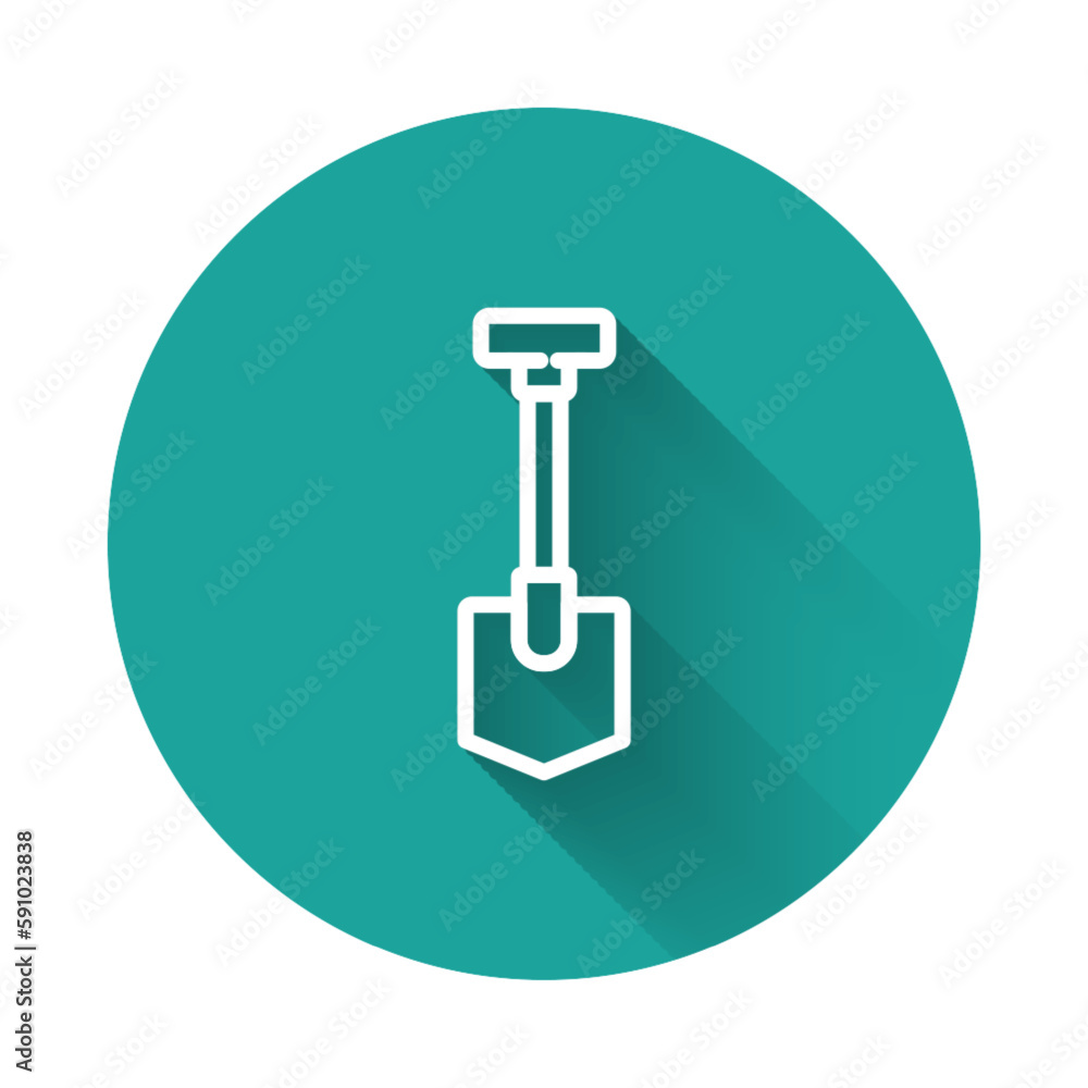 White line Shovel icon isolated with long shadow. Gardening tool. Tool for horticulture, agriculture, farming. Green circle button. Vector Illustration White line Shovel icon isolated with long shadow. Gardening tool. Tool for horticulture, agriculture, farming. Green circle button. Vector Illustration