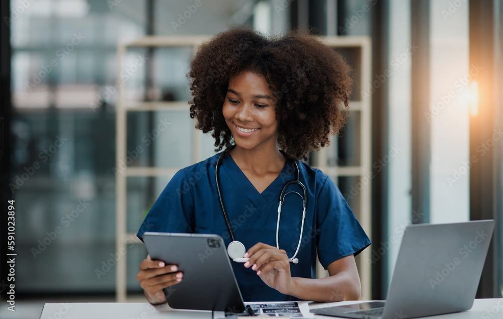 female doctor standing with digital tablet working inside modern clinic office, female doctor standing with digital tablet working inside modern clinic office,