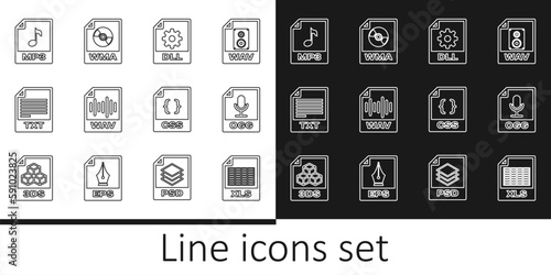 Set line XLS file document, OGG, DLL, WAV, TXT, MP3, CSS and WMA icon. Vector