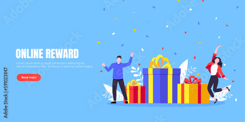 Get online reward and gifts, earn loyalty program points. Get loyalty card and customer service business concept flat design vector illustration. Tiny people with big gift boxes.