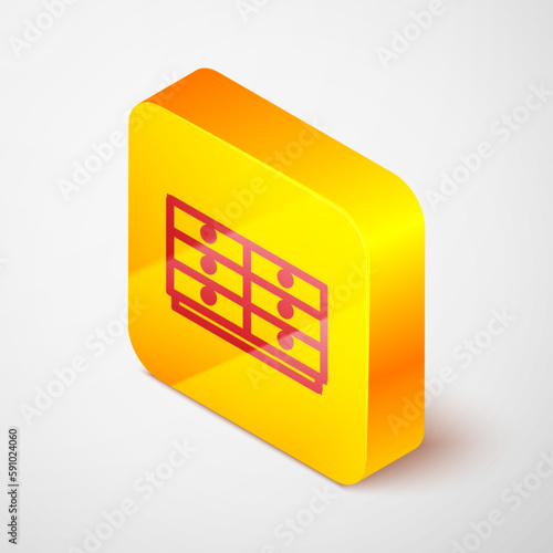 Isometric line Chest of drawers icon isolated on grey background. Yellow square button. Vector