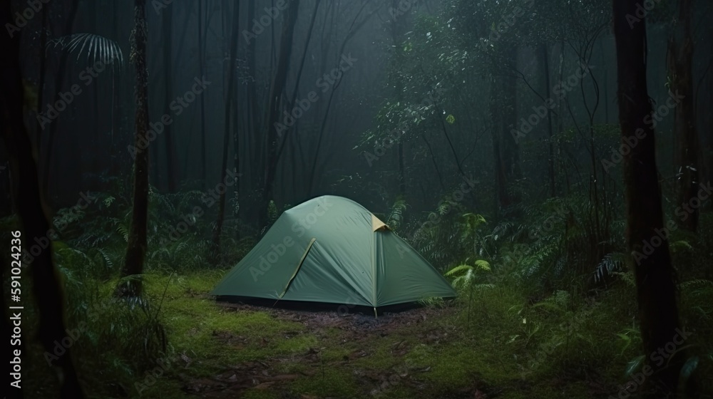 Rain on the tent in the mountain at night. Generative AI