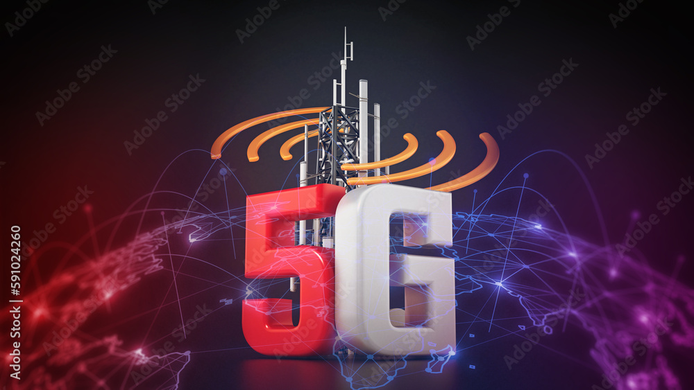 5G text and telecommunications tower with wave symbols. 3D illustration