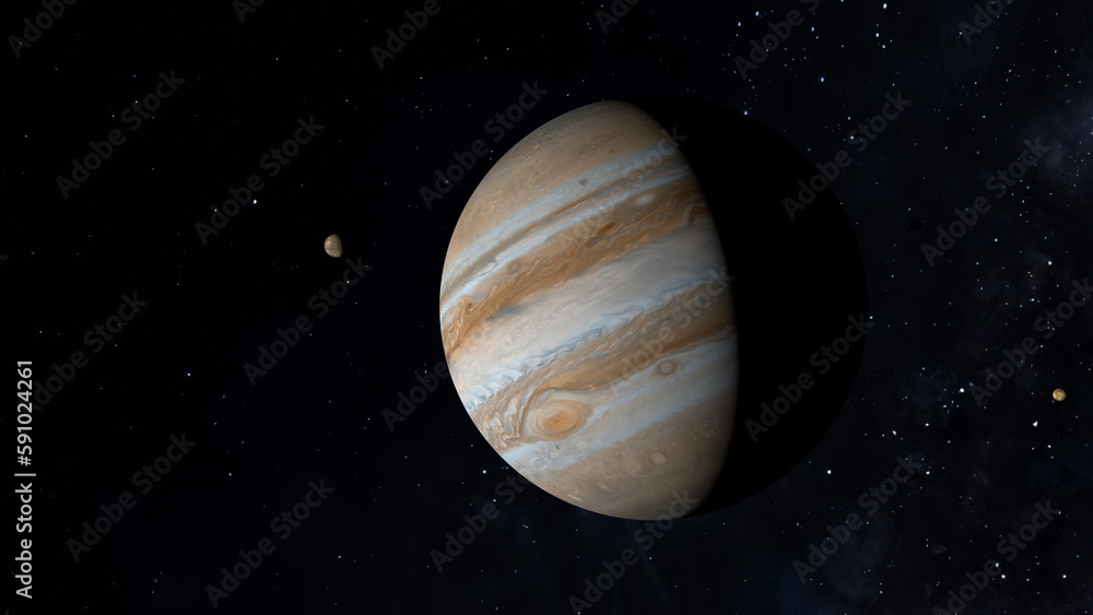 Space probe flying to Jupiter. Space exploration. 3D illustration. Space probe flying to Jupiter. Space exploration. 3D illustration.