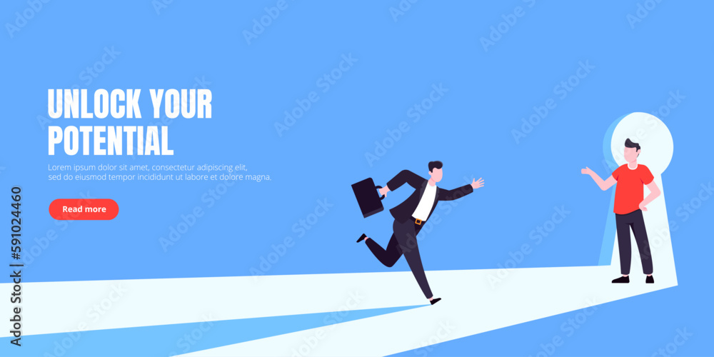Unlock your opportunity concept with keyhole and ambitious man running to career potential and work financial success flat style vector illustration. New way business beginnings and unlock future.