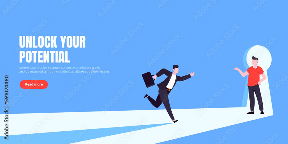 Unlock your opportunity concept with keyhole and ambitious man running to career potential and work financial success flat style vector illustration. New way business beginnings and unlock future. Unlock your opportunity concept with keyhole and ambitious man running to career potential and work financial success flat style vector illustration. New way business beginnings and unlock future.