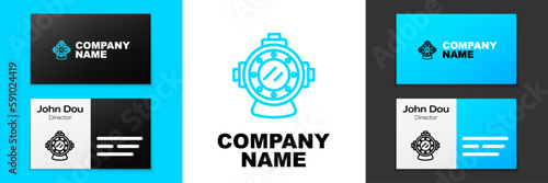 Blue line Aqualung icon isolated on white background. Diving helmet. Diving underwater equipment. Logo design template element. Vector