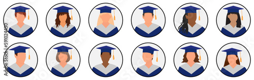 Graduates in mantle and mortarboard, set of icon avatar. Vector illustration
