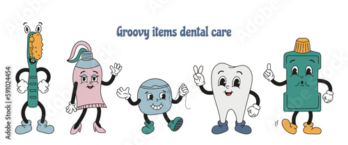 Dental hygiene items concept in old classic cartoon style. Vintage cute characters isolated on white background. Set of tooth, toothpaste, brush, dental floss, mouthwash. Dental care