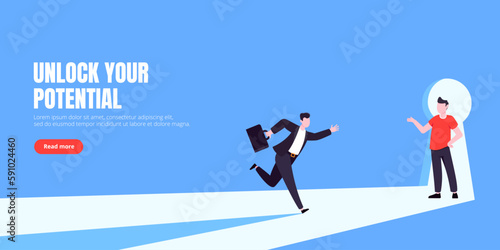 Unlock your opportunity concept with keyhole and ambitious man running to career potential and work financial success flat style vector illustration. New way business beginnings and unlock future.