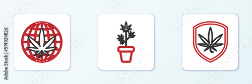 Set line Shield and marijuana, Legalize and Marijuana plant in pot icon. Vector