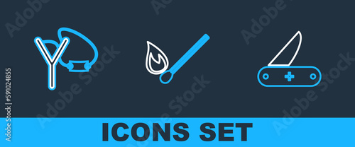 Set line Swiss army knife, Slingshot and Burning match with fire icon. Vector
