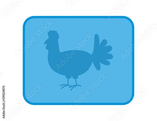 Illustration of blue farm hen in rectangular panel with rounded edge