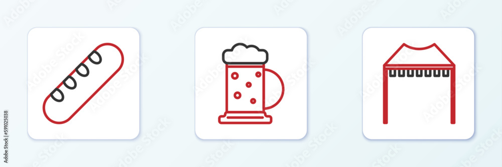 Set line Camping tent, French baguette bread and Wooden beer mug icon. Vector Set line Camping tent, French baguette bread and Wooden beer mug icon. Vector