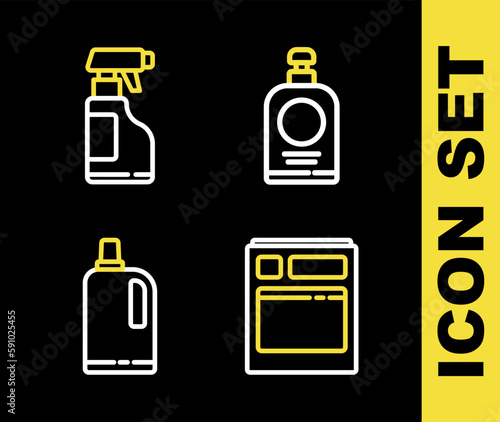 Set line Hand sanitizer bottle, Kitchen dishwasher machine, Fabric softener and Spray with detergent liquid icon. Vector